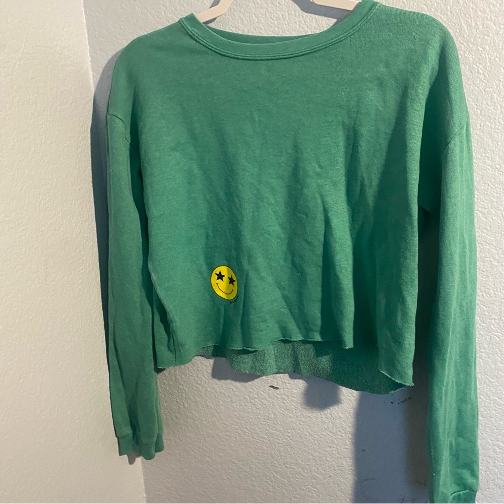 Vintage Cropped Distressed Green Sweatshirt Shirt with Yellow Smiley Patch